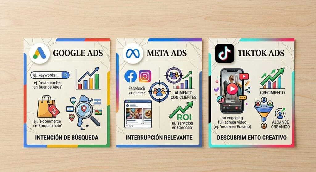 Comparativa de beneficios entre Google Ads, Meta Ads y TikTok Ads para empresas argentinas