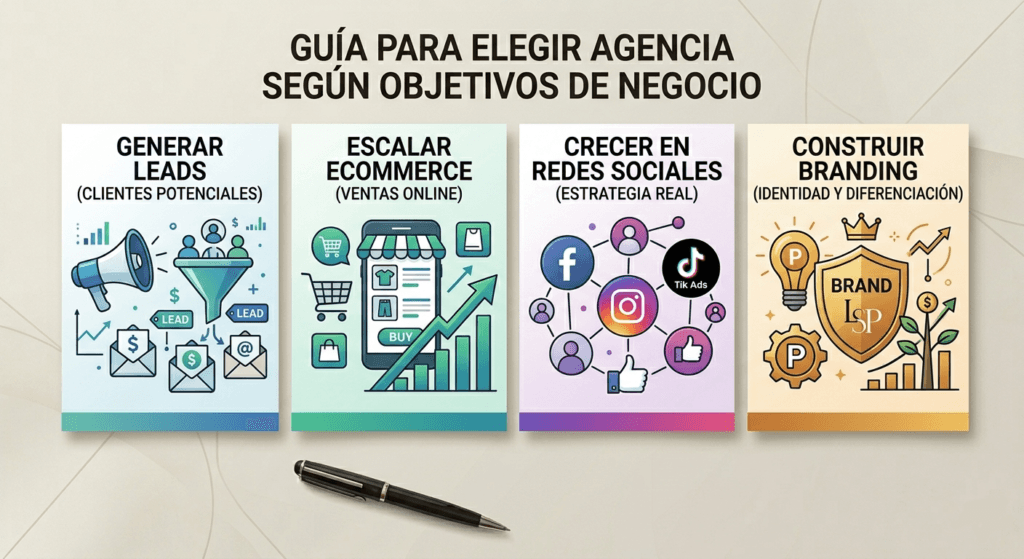 Guía para elegir agencia según objetivos de negocio leads, ecommerce, redes sociales o br