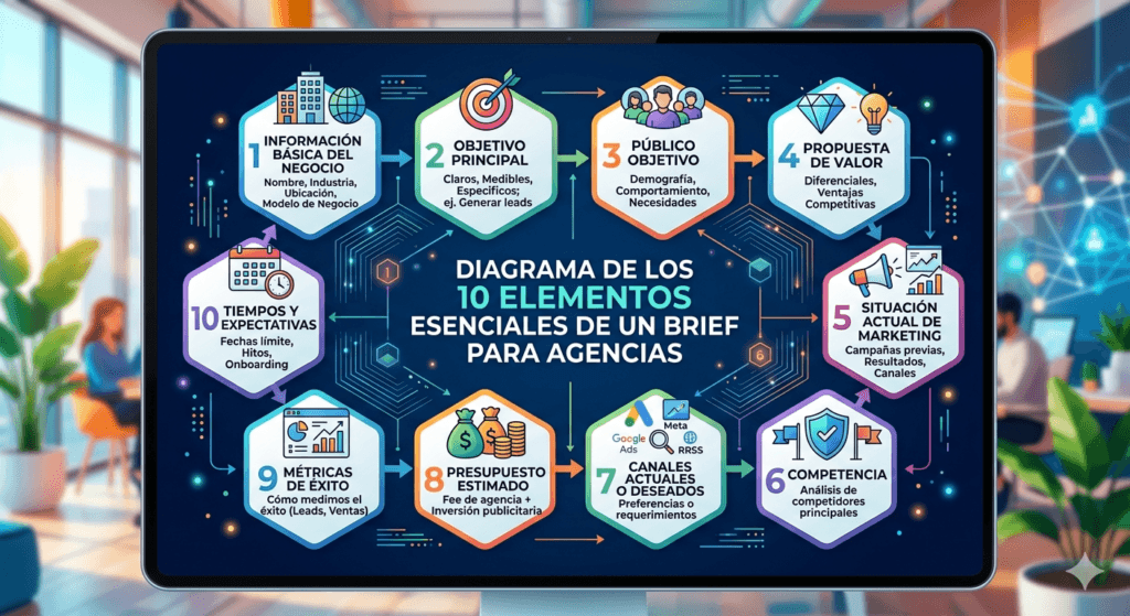 diagrama de los 10 elementos esenciales de un brief para agencias