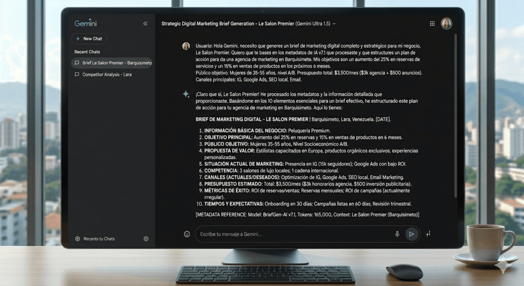 interfaz de inteligencia artificial generando un brief de marketing digital