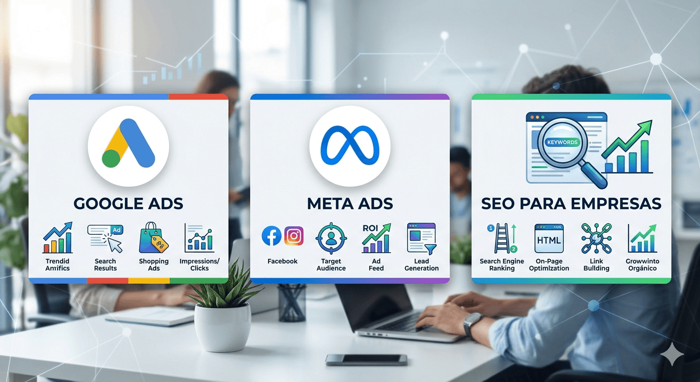 iconos de Google Ads Meta Ads y SEO para empresas